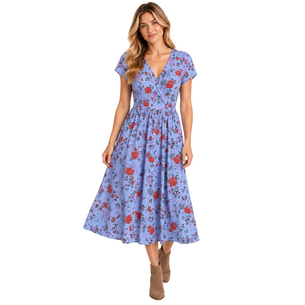 Pact Fit and Flare Wrap Midi Dress Blue Floral Organic Cotton XXL
